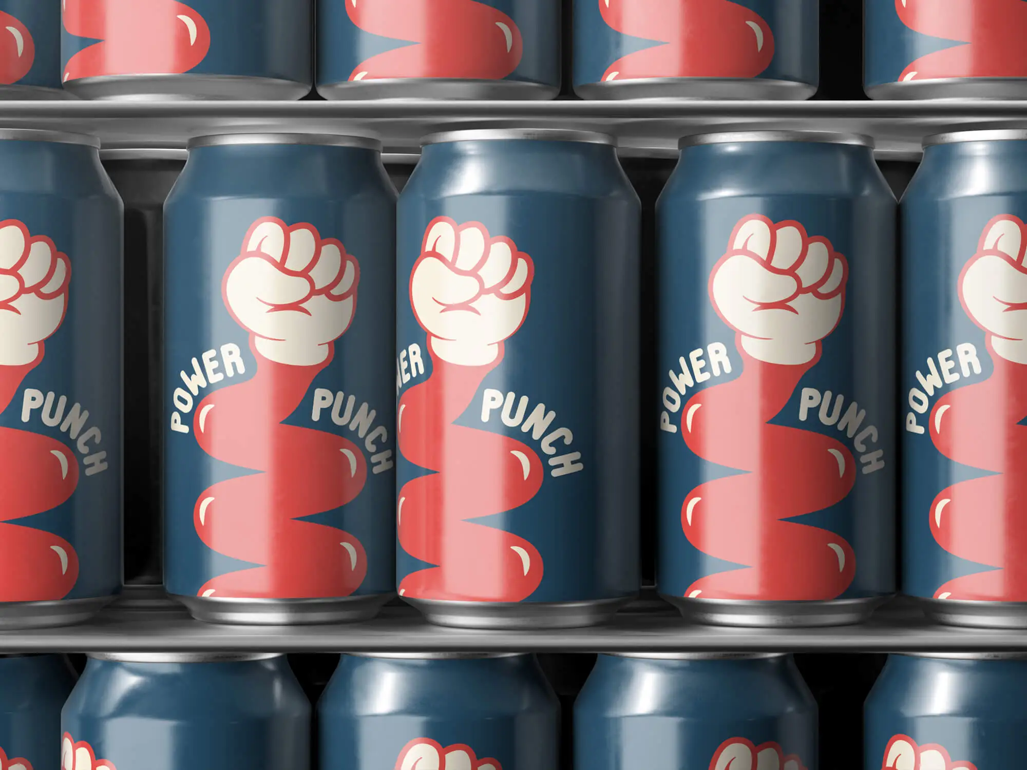 Närbild på Power Punch-ölburkar som visar den handritade illustrationen, logotypen och den uttrycksfulla förpackningsdesignen för det konceptuella ölmärket.