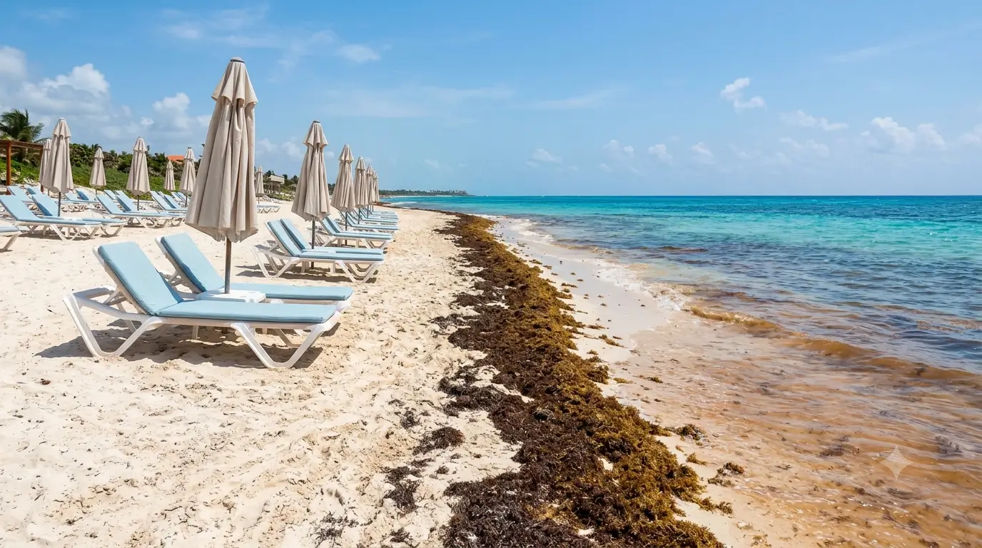 Empty sun loungers on a Riviera Maya beach with sargassum seaweed along the waterline during peak summer season.