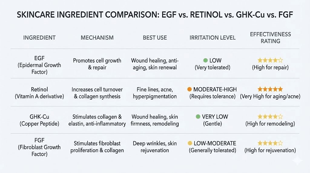EGF peptide comparison chart versus retinol copper peptides and FGF