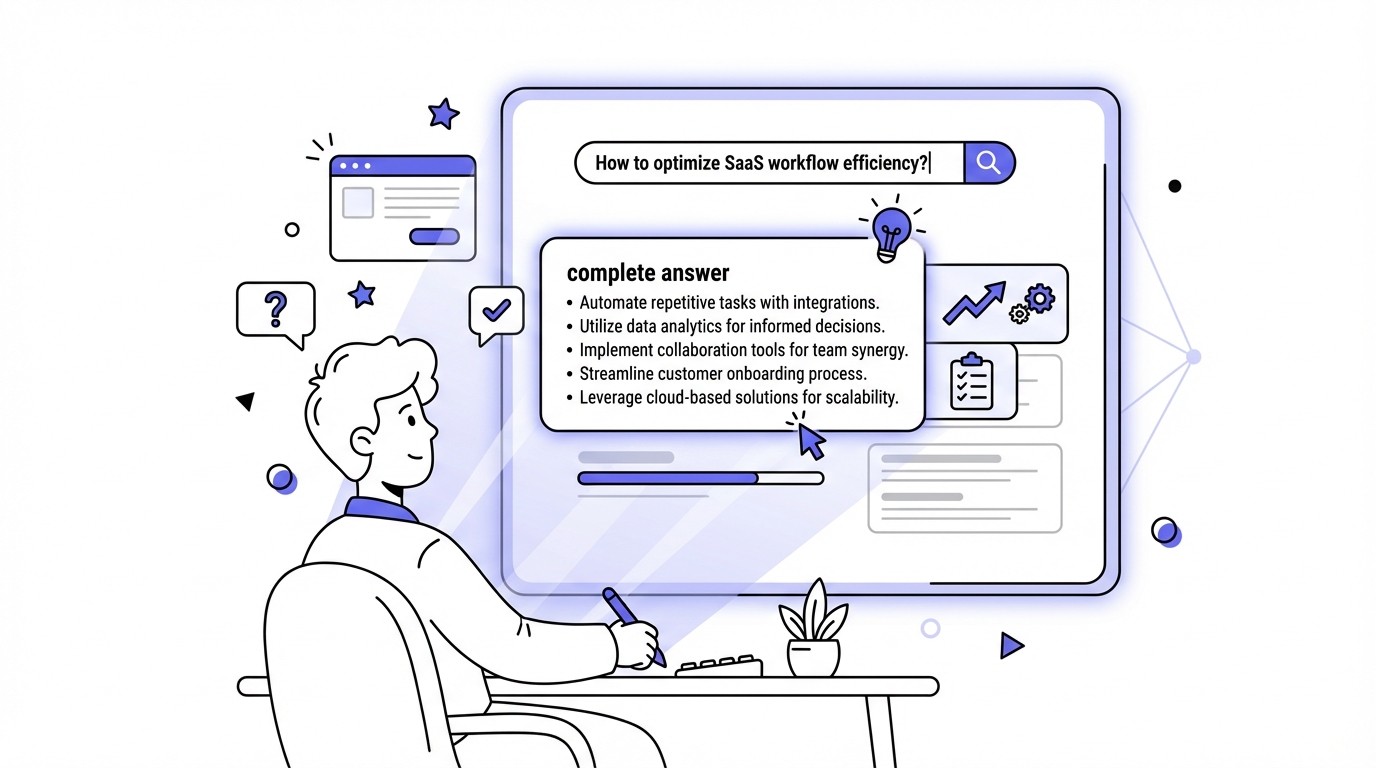 An illustration of a person looking at a large computer screen displaying a modern search engine interface. The screen prominently features a complete, direct answer to a search query, highlighted and separate from traditional search results, conveying efficient information retrieval in a professional tech environment.