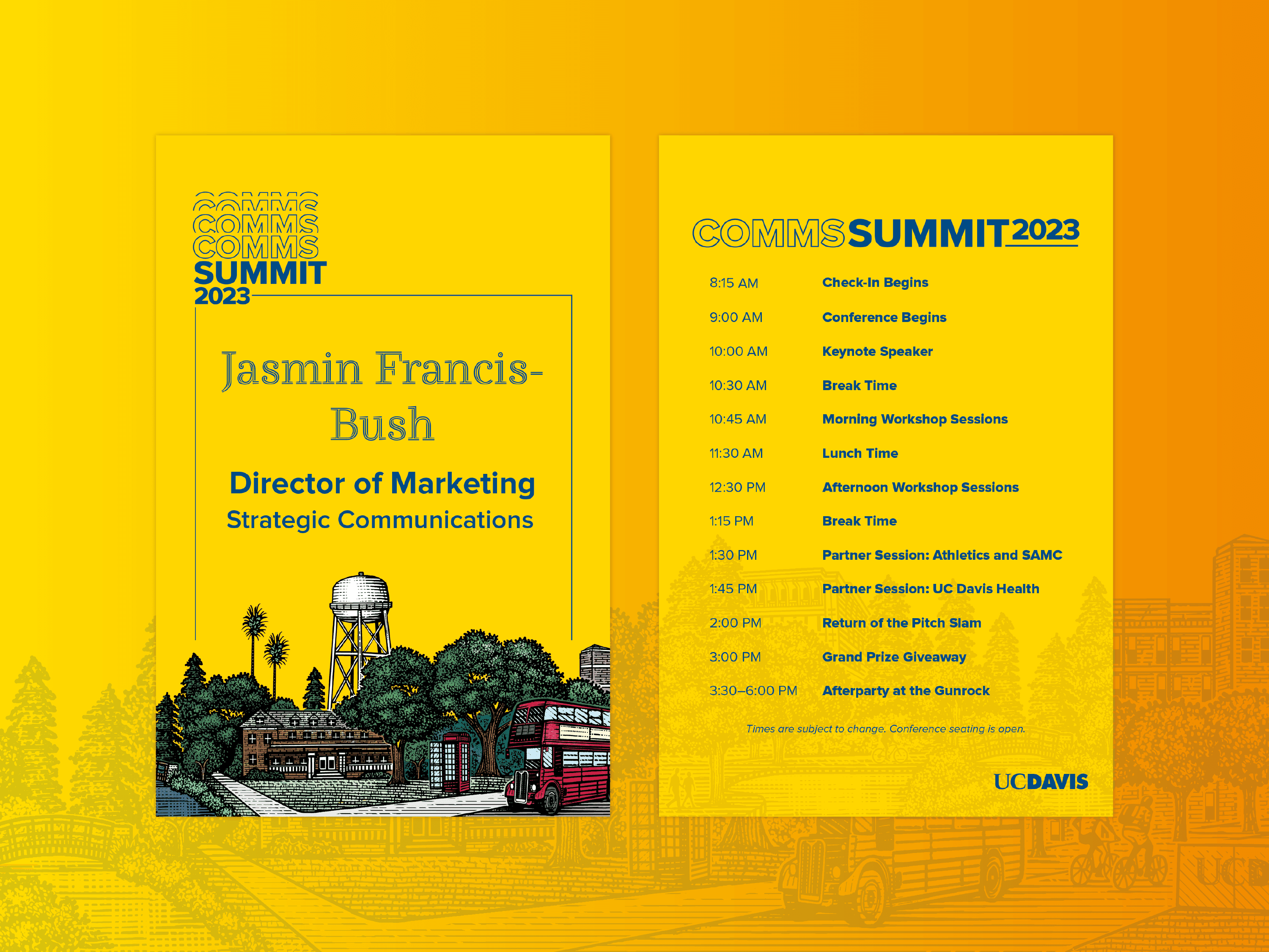 Name Badges and Agenda for UC Davis’ Communications Summit 2023