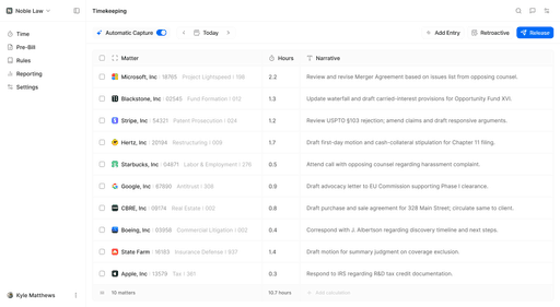 A clean, modern digital product interface displaying a timekeeping system with a list of legal matters, hours logged and.