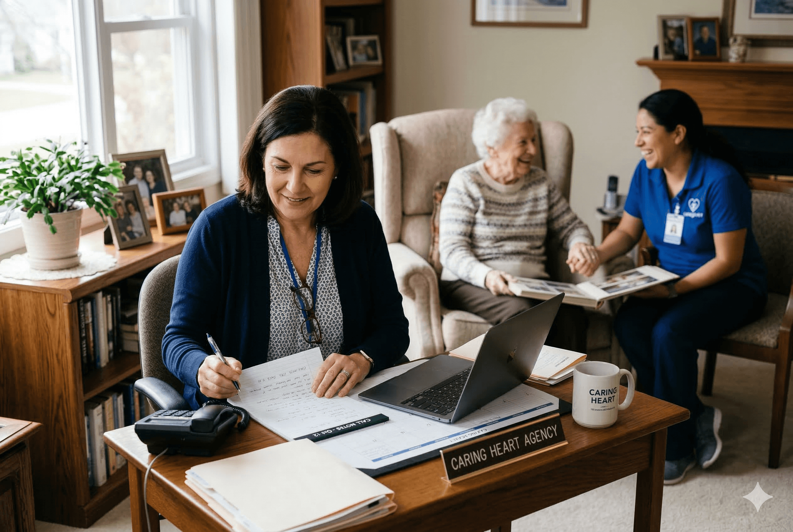 A home care agency owner at a small desk reviewing notes from a phone call while an elderly client sits comfortably with a caregiver in the background, conveying both compassionate care and organized operations. Shot on Fujifilm X-T4, aspect ratio 3:2