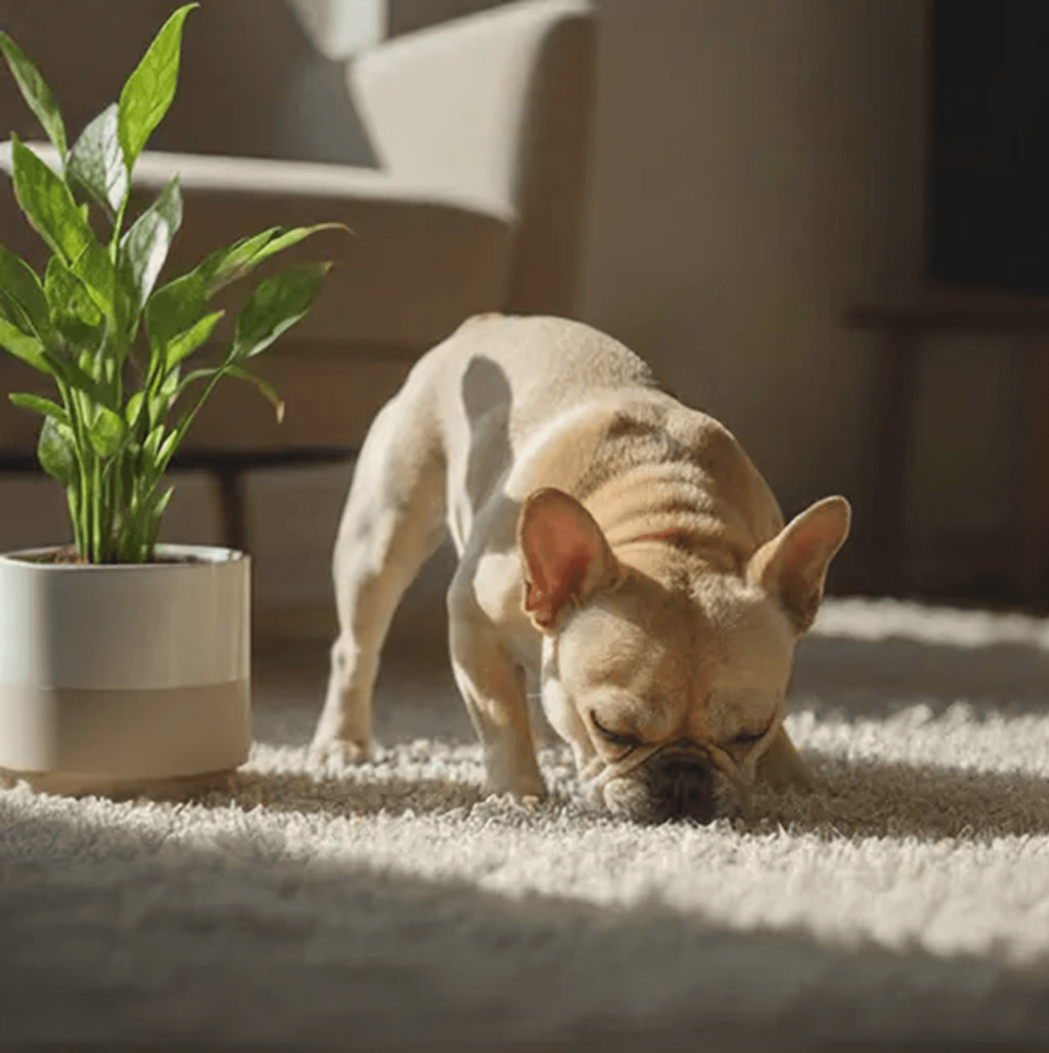 French Bulldog sniffing the floor on a light carpet beside a houseplant in soft indoor light.