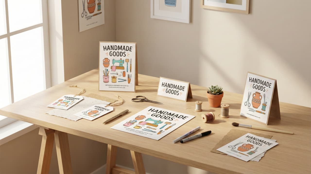 A sunlit wooden table displays handmade goods marketing materials, including cards, flyers, and bags with colorful craft illustrations. The mood is warm and creative.