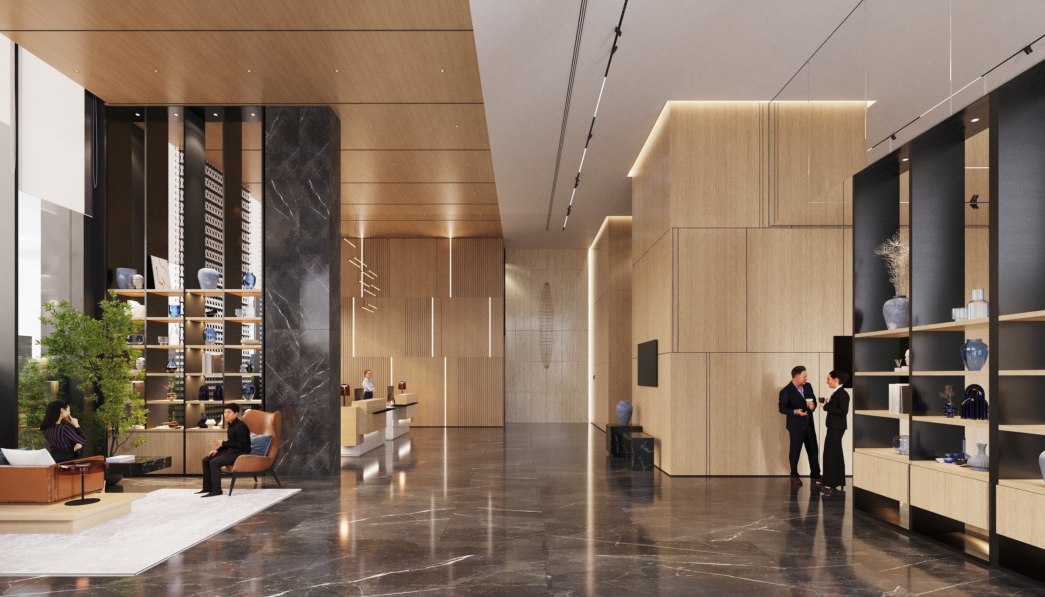 A luxury hotel lounge, featuring comfortable seating, decorative shelving, and warm wood and marble accents.