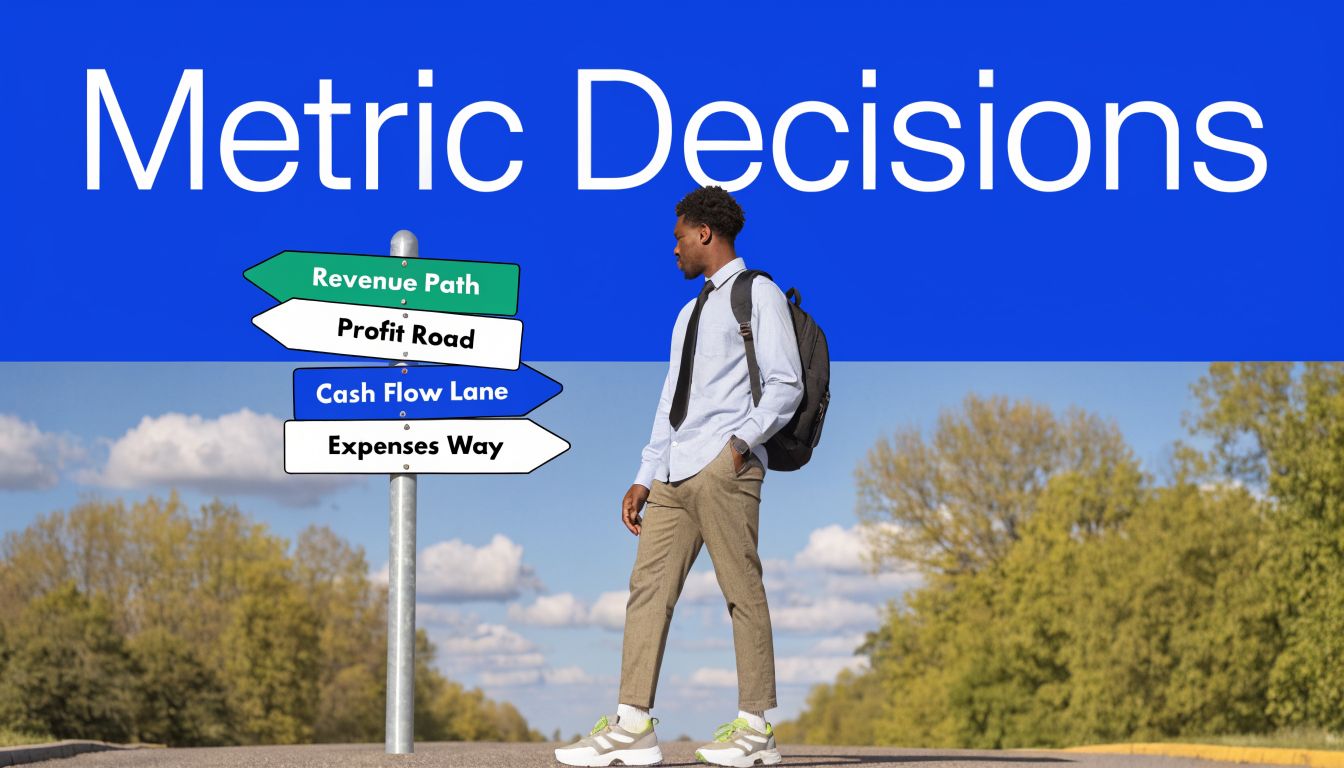 A man looking at a signpost with options for Revenue Path, Profit Road, Cash Flow Lane, and Expenses Way.