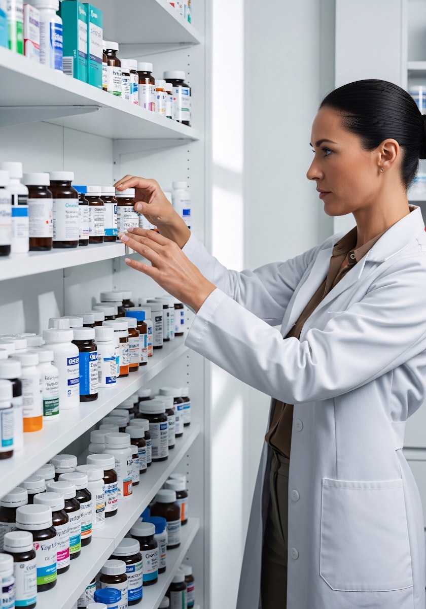 North York Pharmacist tending to medications on a shelf
