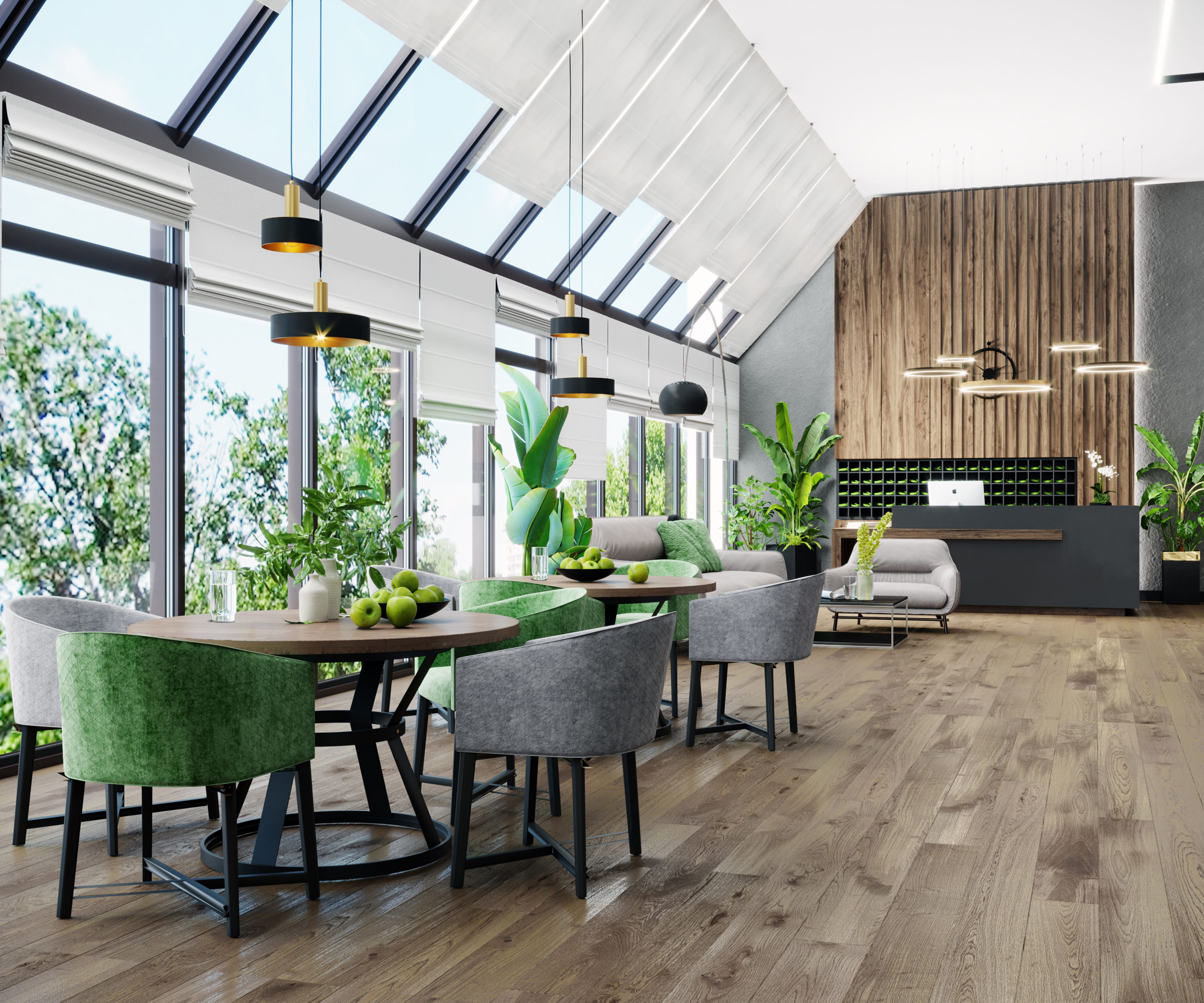 MW Interior Hoteleinrichtung – moderner Hotelrestaurantbereich mit Hängeleuchten, Pflanzen und bodentiefen Fenstern
