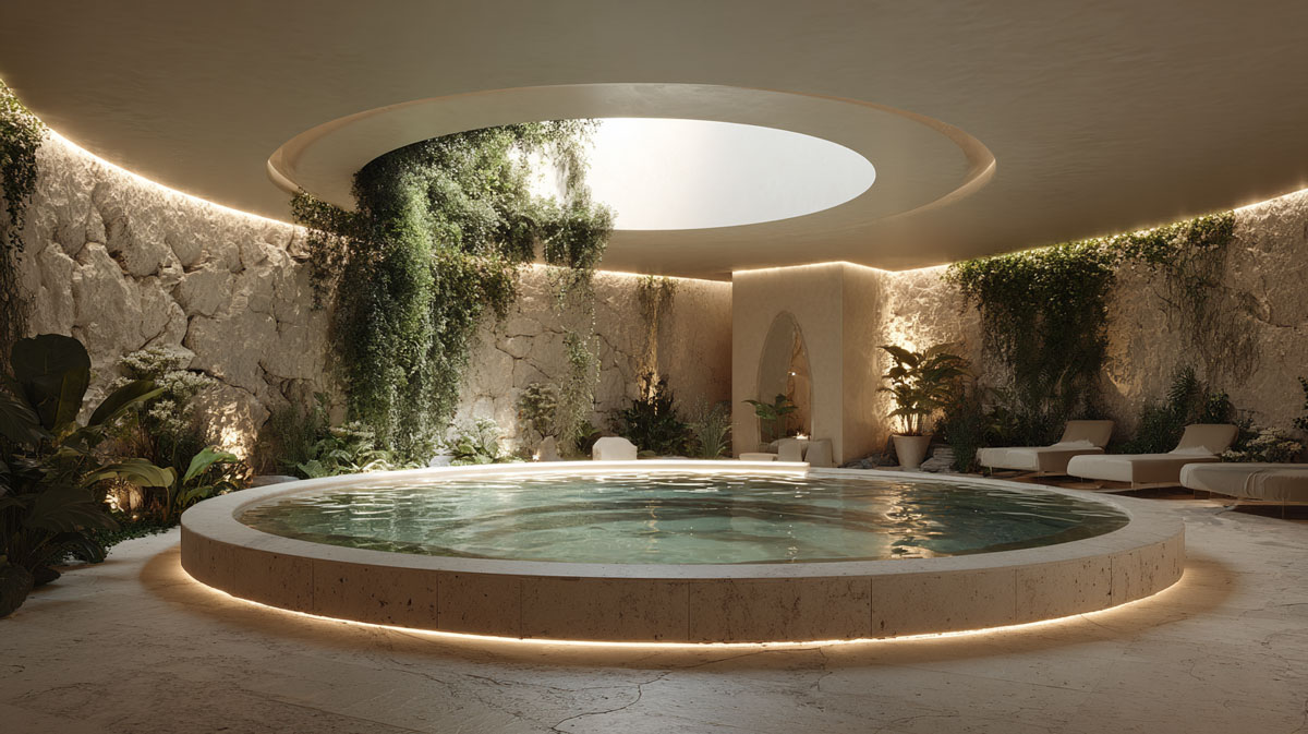 Ein luxuriöses Indoor-Spa mit einem runden Pool unter einem großen runden Oberlicht, umgeben von Steinmauern, hängenden Pflanzen und Liegestühlen – eine ruhige, natürliche Atmosphäre, die durch atemberaubende 3D-CGI-Renderings zum Leben erweckt wird.