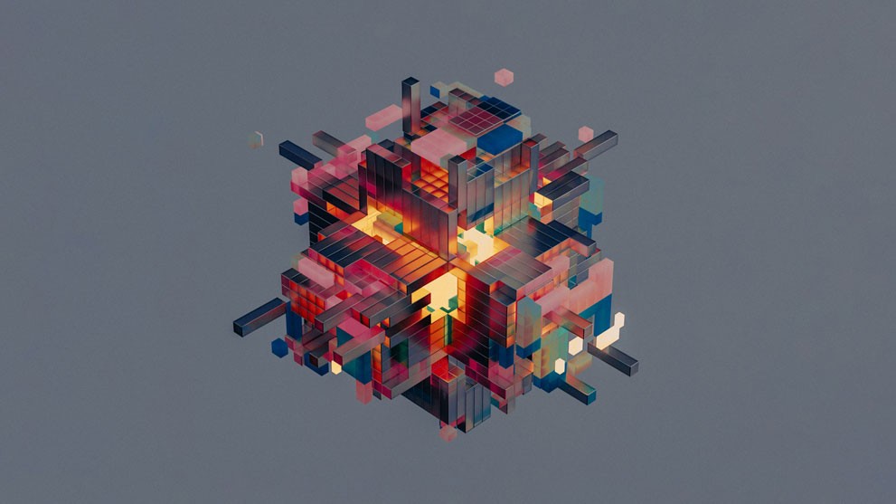 Abstrakcyjna kompozycja brył 3D wykonanych w technice voxel art z efektownym wewnętrznym podświetleniem