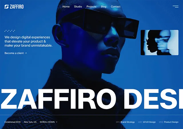 Zaffiro Design: Modern agency website with a man wearing sunglasses and bold typography.