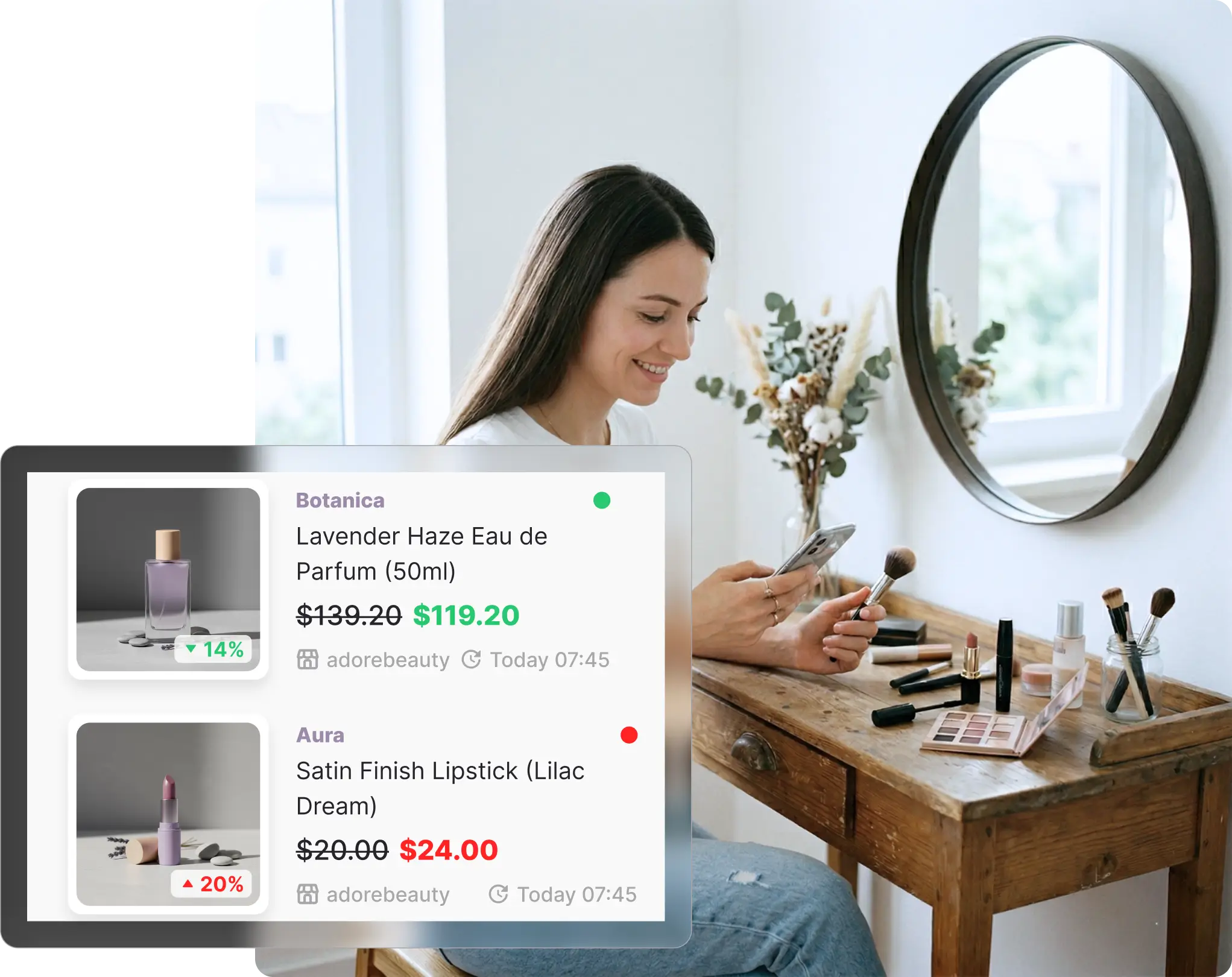 Whisprice smart wishlist showing tracked Adore Beauty products including Lavender Haze Eau de Parfum (50ml) with a 14% price drop to $119.20 and a Satin Finish Lipstick (Lilac Dream) with a 20% price increase to $24.00.