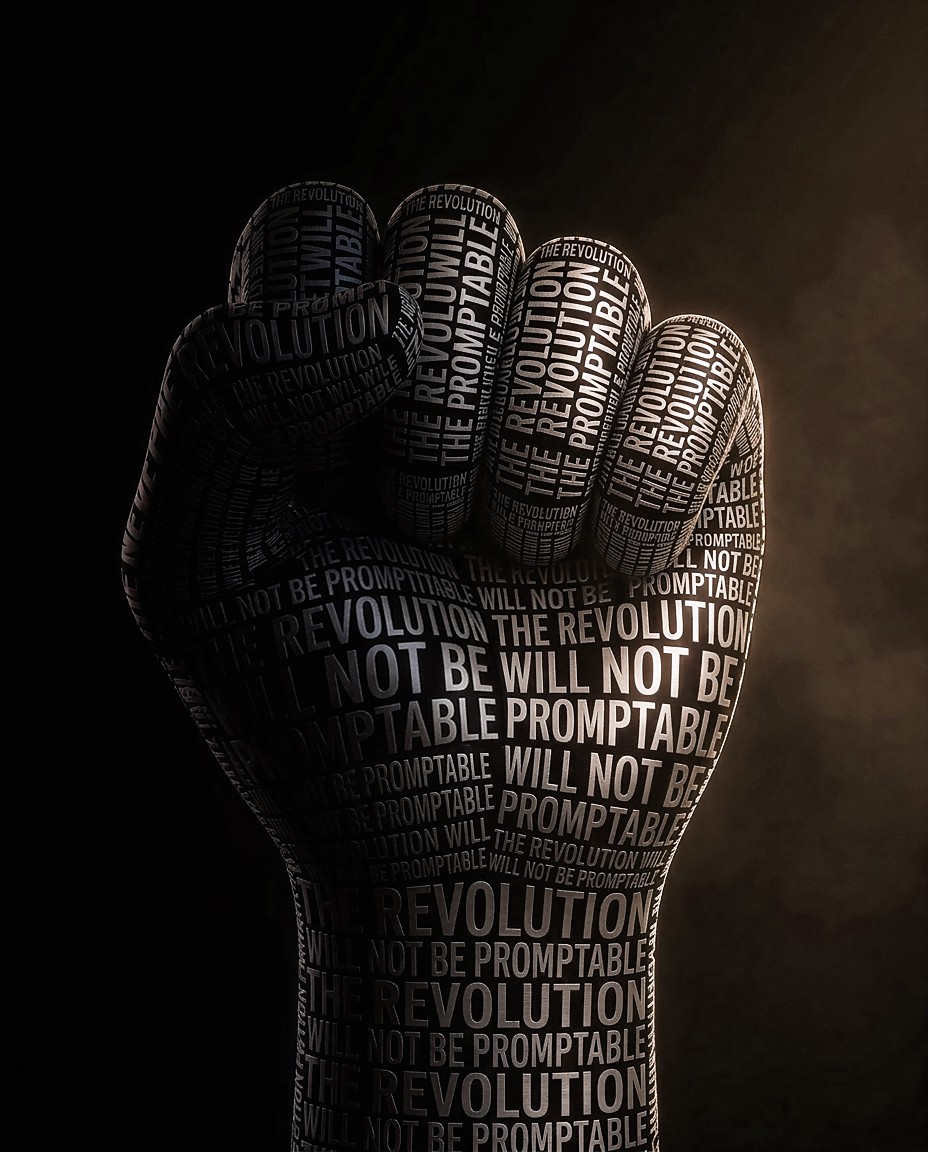A fist made from the text THE REVOLUTION WILL NOT BE PROMPTABLE