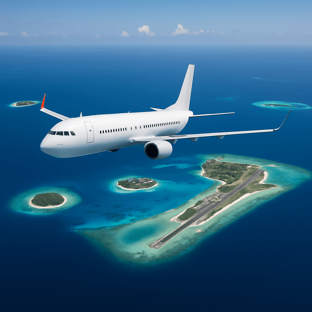 A commercial airplane flying over turquoise lagoons and tropical islands in the Maldives, captured from an aerial view.