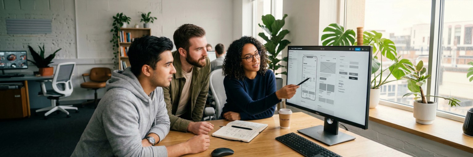UX design team collaborating on a wireframe prototype review in a modern design studio — iterative UI UX design process — Penguincil Design