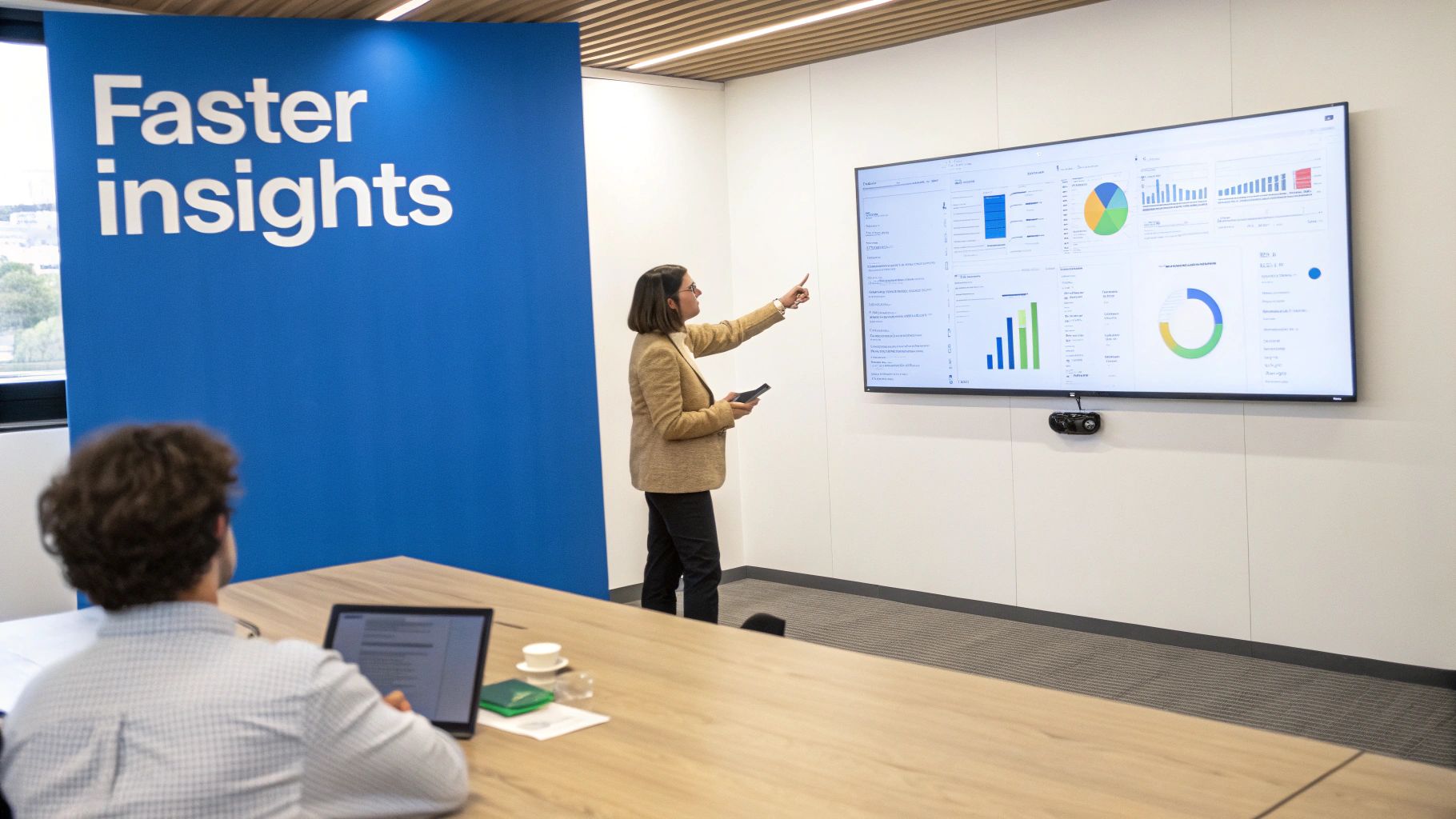 Business professional presenting data analytics dashboard with charts and graphs on large screen in modern office