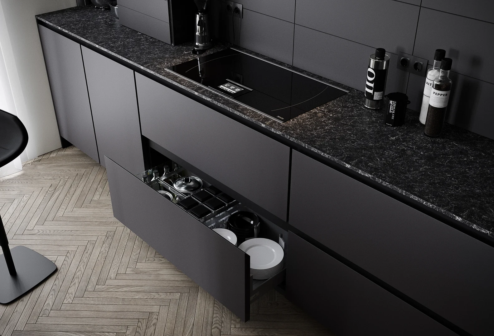 Détail — robinetterie noire mate en gros plan.