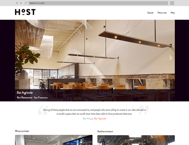 A screenshot of the HØST website displays a modern, minimalist interior design. The image showcases a bar and restaurant space with wooden tables and chairs, illuminated by linear light fixtures overhead. A large plant adds a touch of greenery to the left side. The text below the image reads, “Having all these people that we are connected to, and people who were willing to invest in our idea allowed us to build a space that we could never have been able to produced otherwise.” Ben Krupp, Bar Agricole, is credited as the designer. The website also lists “Woonwinkel” and “Aetherstream” as additional spaces.
