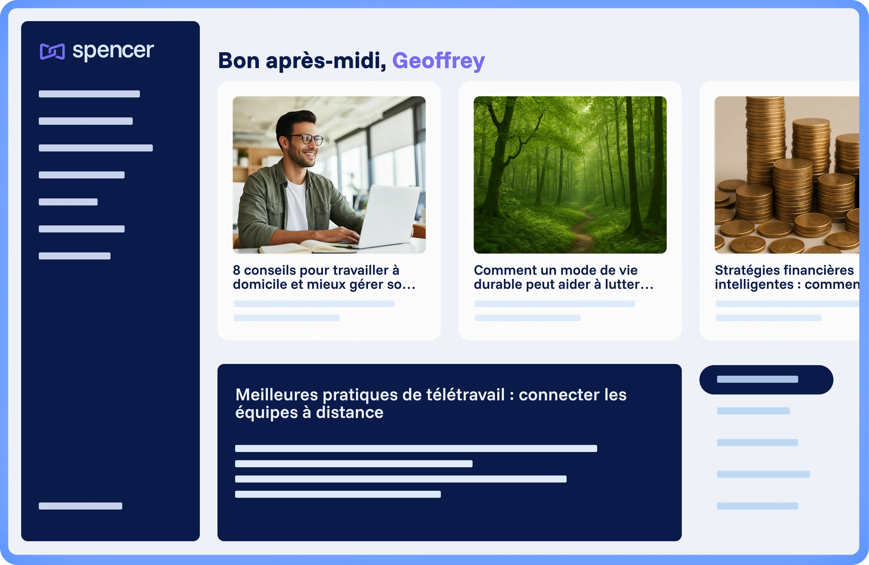 Plateforme Spencer Desktop pour la communication interne avec des articles, une navigation latérale et un message d’accueil personnalisé