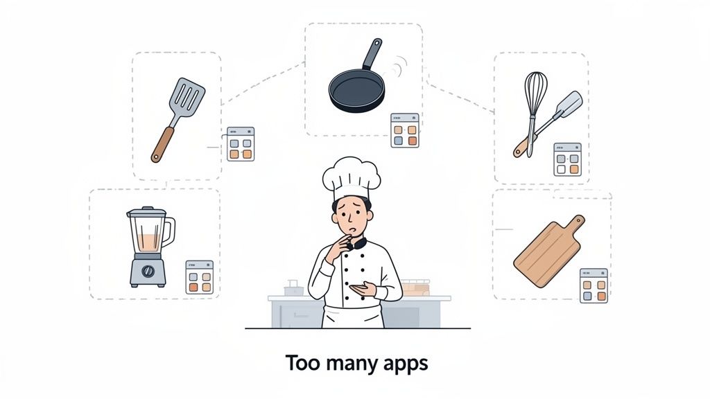 A confused chef is surrounded by kitchen tools, each linked to a separate app, illustrating too many apps.