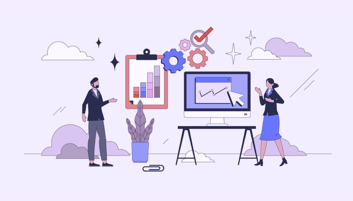 Illustration of two professionals standing beside a large computer monitor displaying a line graph, surrounded by icons of gears, a magnifying glass, and a clipboard with charts.