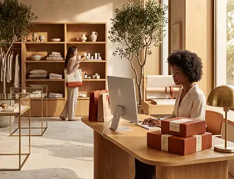 Woman working at boutique store counter