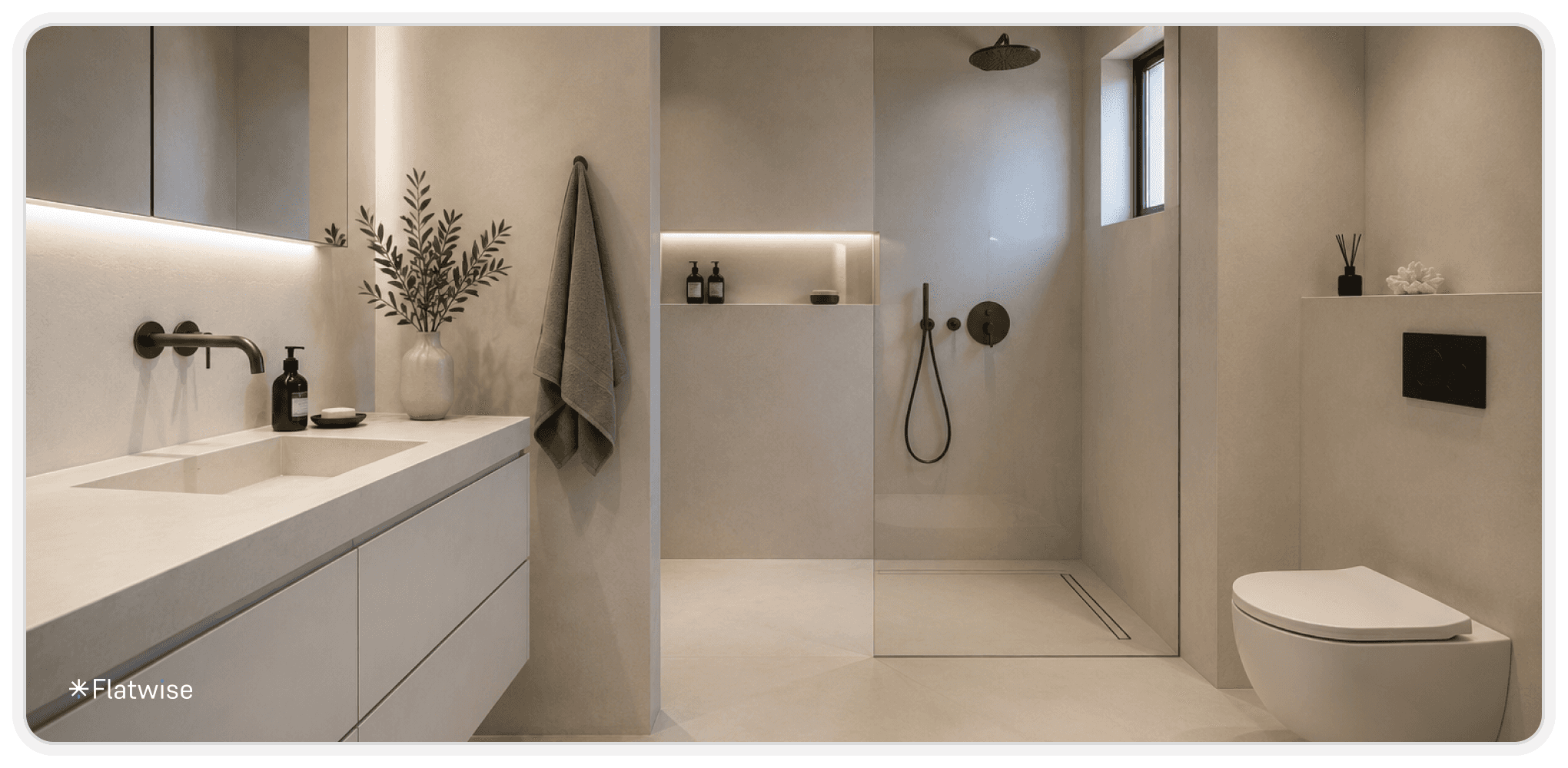 Modernes fugenloses Badezimmer mit bodengleicher Dusche, nahtlosen Oberflächen und minimalistischer Badgestaltung.
