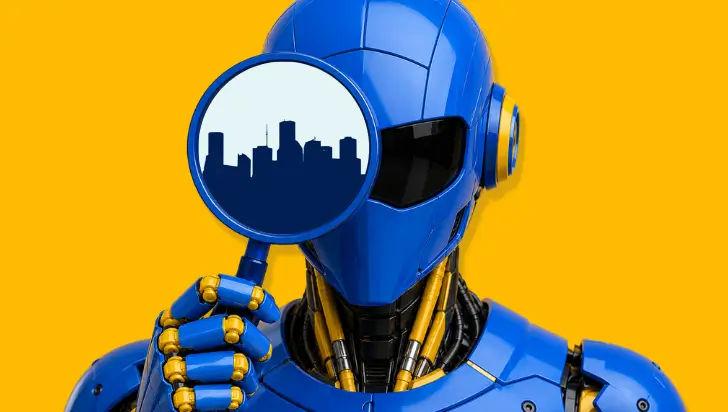 Blue robot using a magnifying glass to symbolize AI-powered search optimization analysis