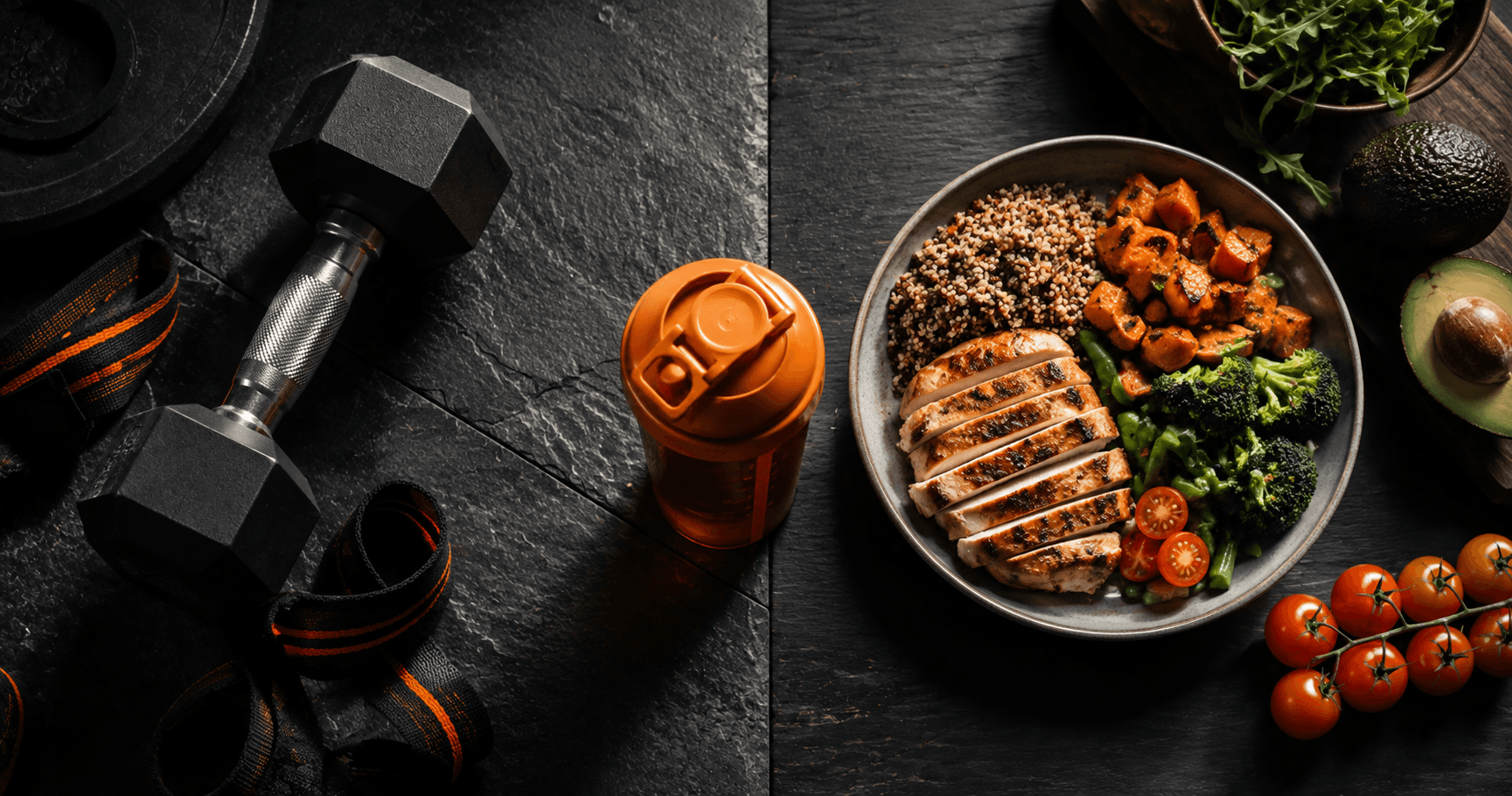 A split image showing gym equipment on one side and fresh balanced food on the other, representing the choice between personal training, nutrition coaching, or both.