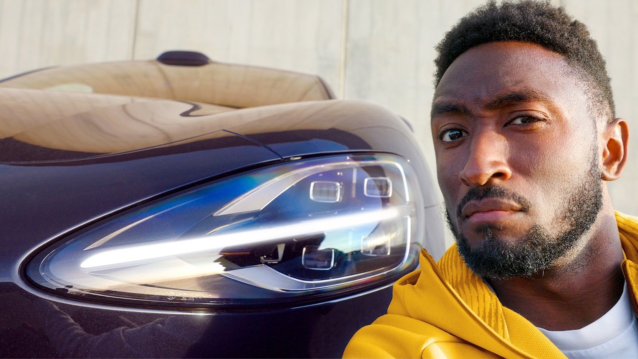 MKBHD-style EV test drive thumbnail with dramatic headlight close-up and skeptical creator