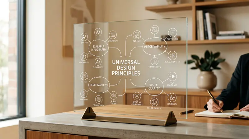 Diagrama de accesibilidad en un panel de vidrio que representa tipografía escalable, texto alternativo y contraste adecuado en un entorno cálido y organizado.
