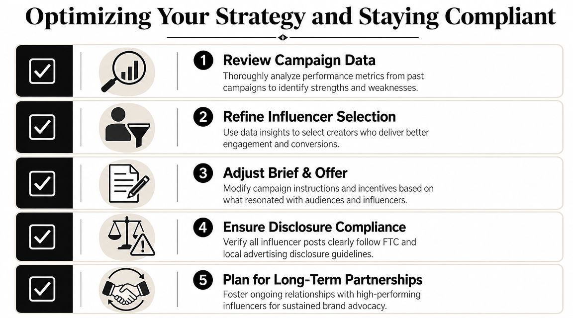 A five-step strategy guide for optimizing influencer marketing campaigns and maintaining legal disclosure compliance.