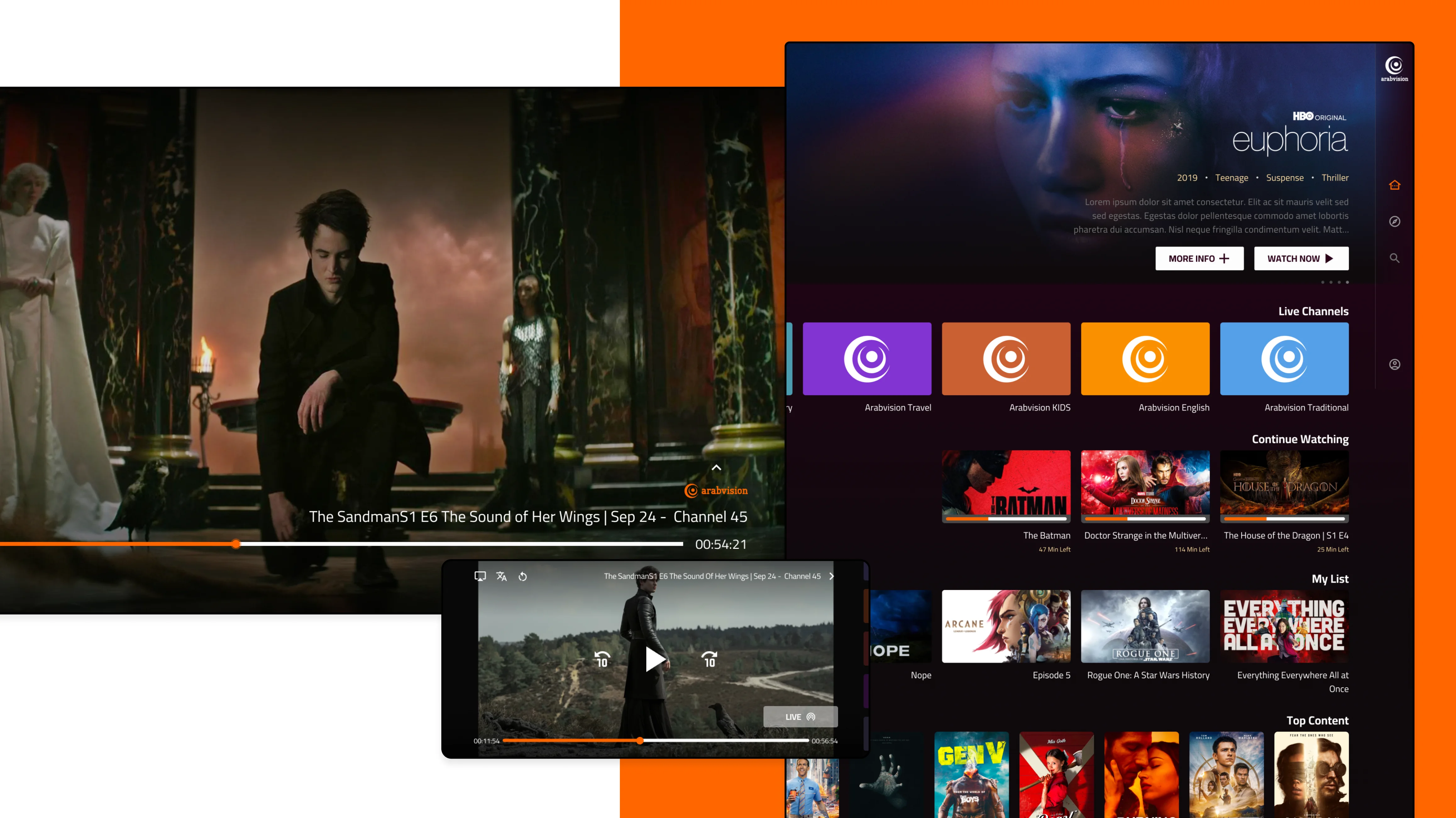 A set of movie app mockups showcasing various screens and features.
