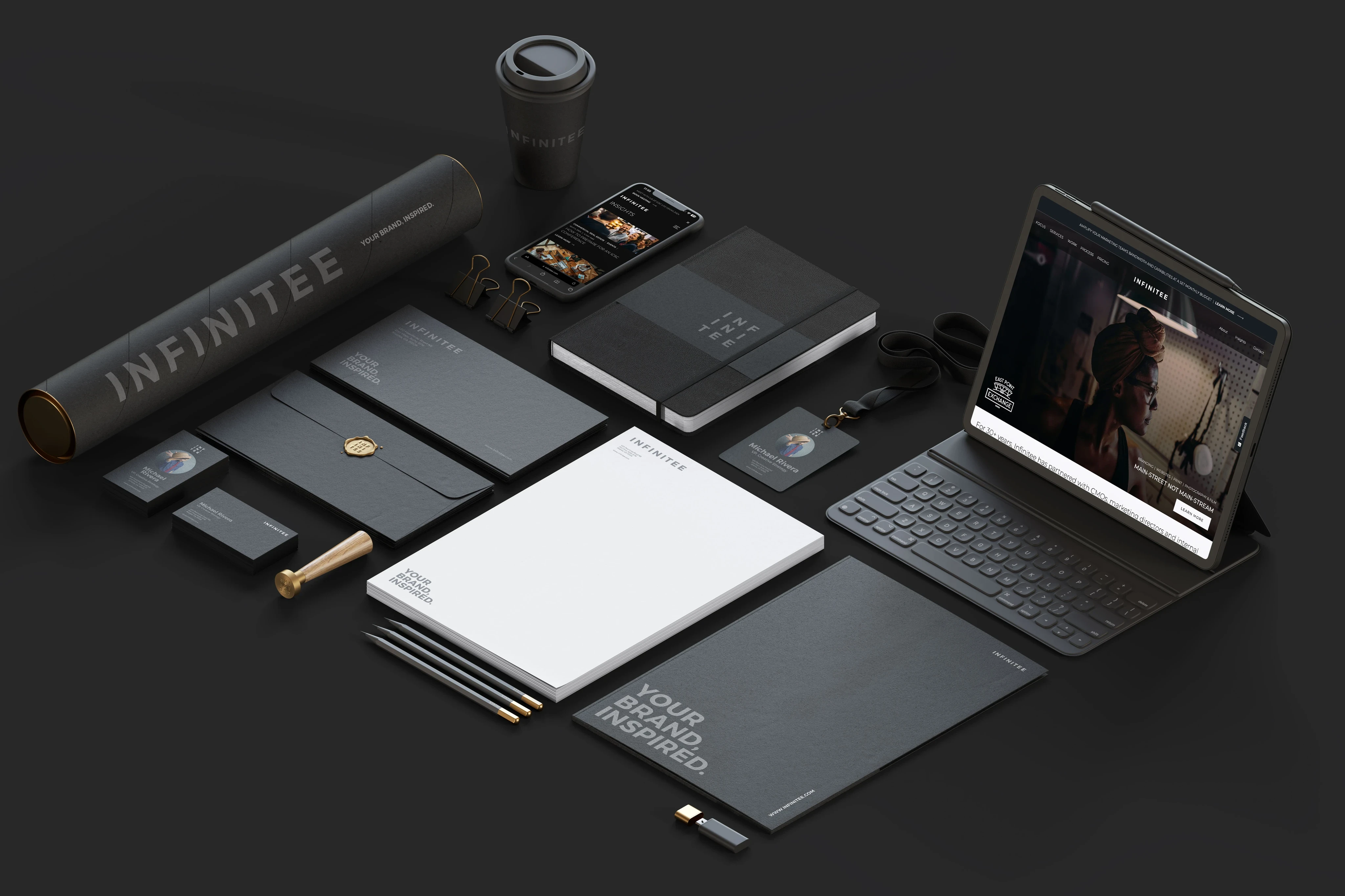 Extending the digital design system into physical touchpoints. This cohesive collateral suite ensures the brand promise remains consistent across both client-facing and internal interactions, unifying the total experience.