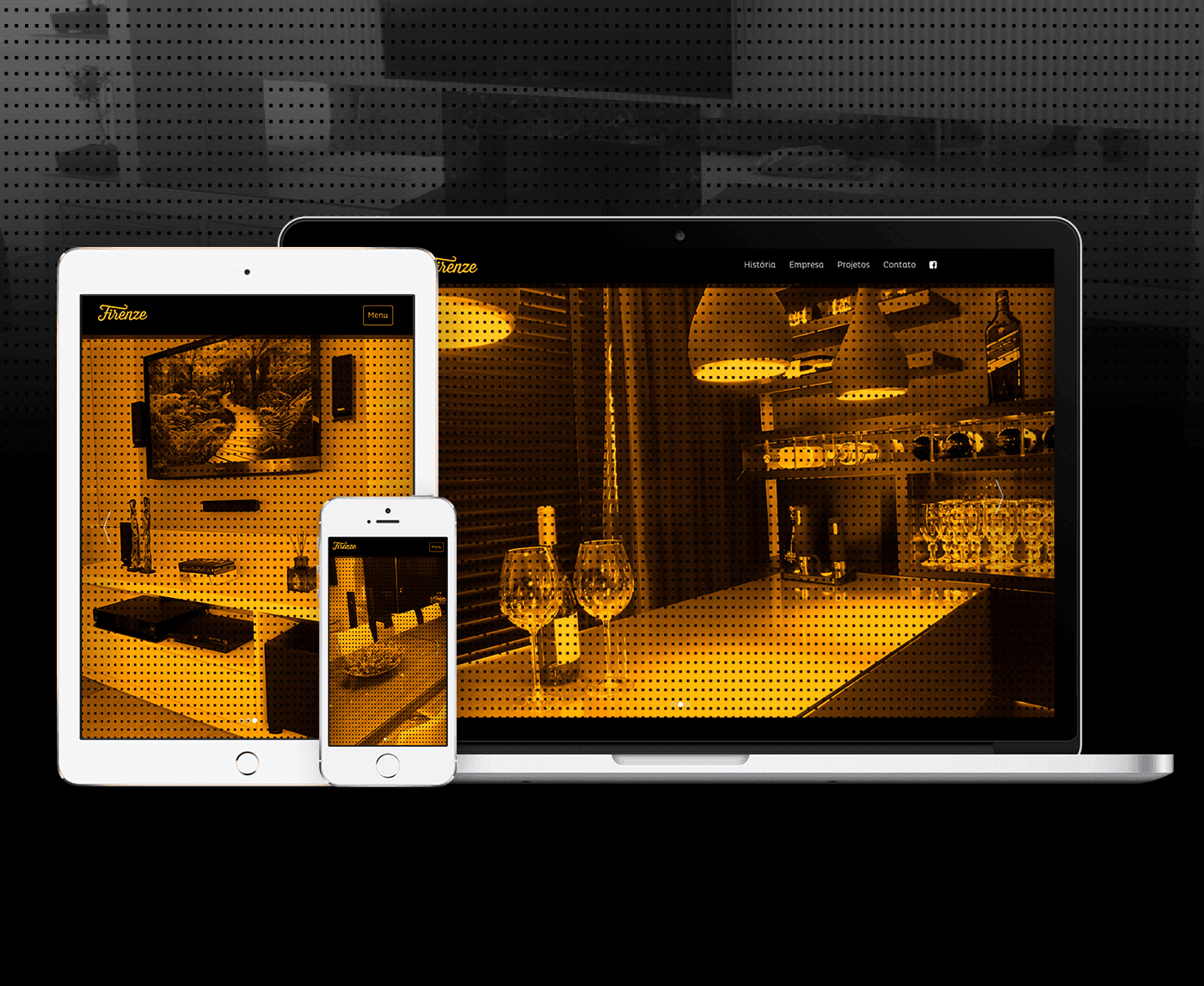 Dispositivos como tablet, smartphone e notebook exibindo o site da Feronni, com design em tons de amarelo e preto, apresentando imagens de ambientes internos decorados.