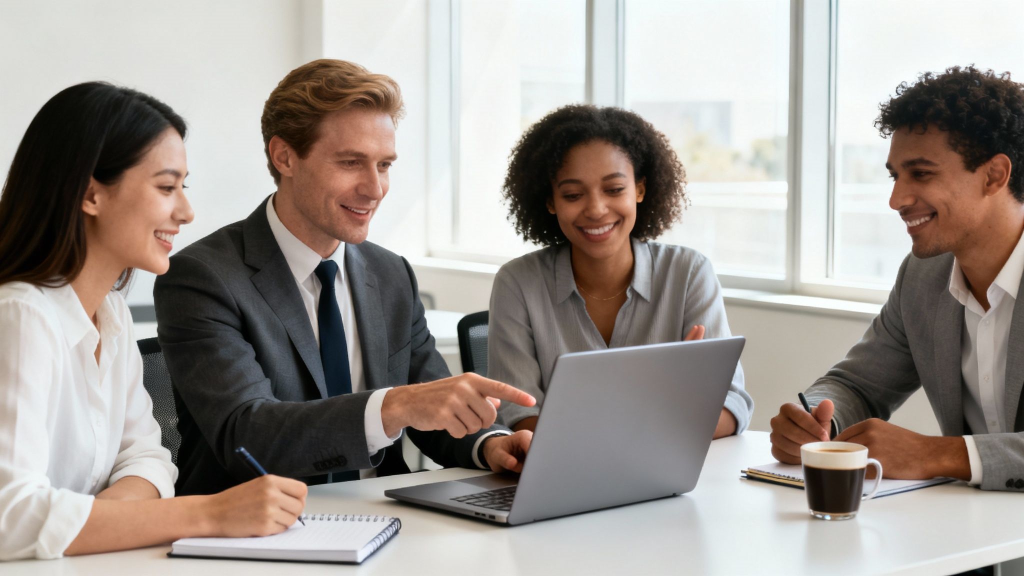 Four diverse business professionals smiling, collaborating in a meeting around a laptop.