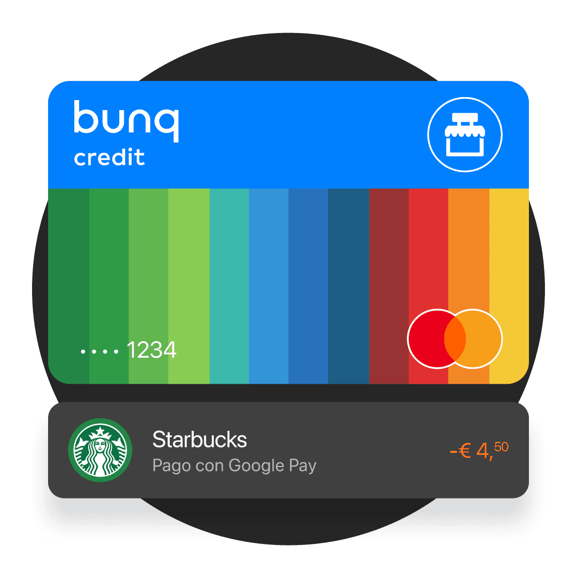 Una tarjeta de crédito moderna con un borde azul y un diseño de rayas coloridas en la parte inferior, con un logo y los datos de la tarjeta.