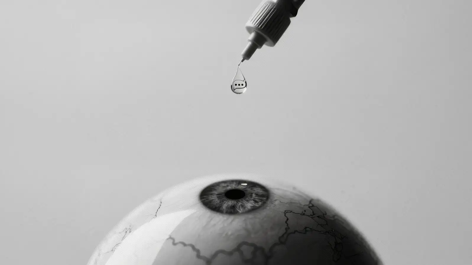 "A single eye drop, containing a speech bubble icon, falling into a human eye. Symbolizes clear communication, focus, and transforming complex ideas (noise) into precise messages for B2B and US/EU brands by a Narrative Architect."