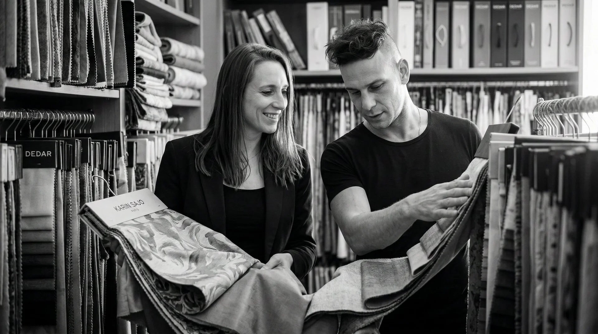 Iris en Tim Knubben beoordelen stofstalen in een materialenbibliotheek, met stalenboeken en collectiemappen op de achtergrond