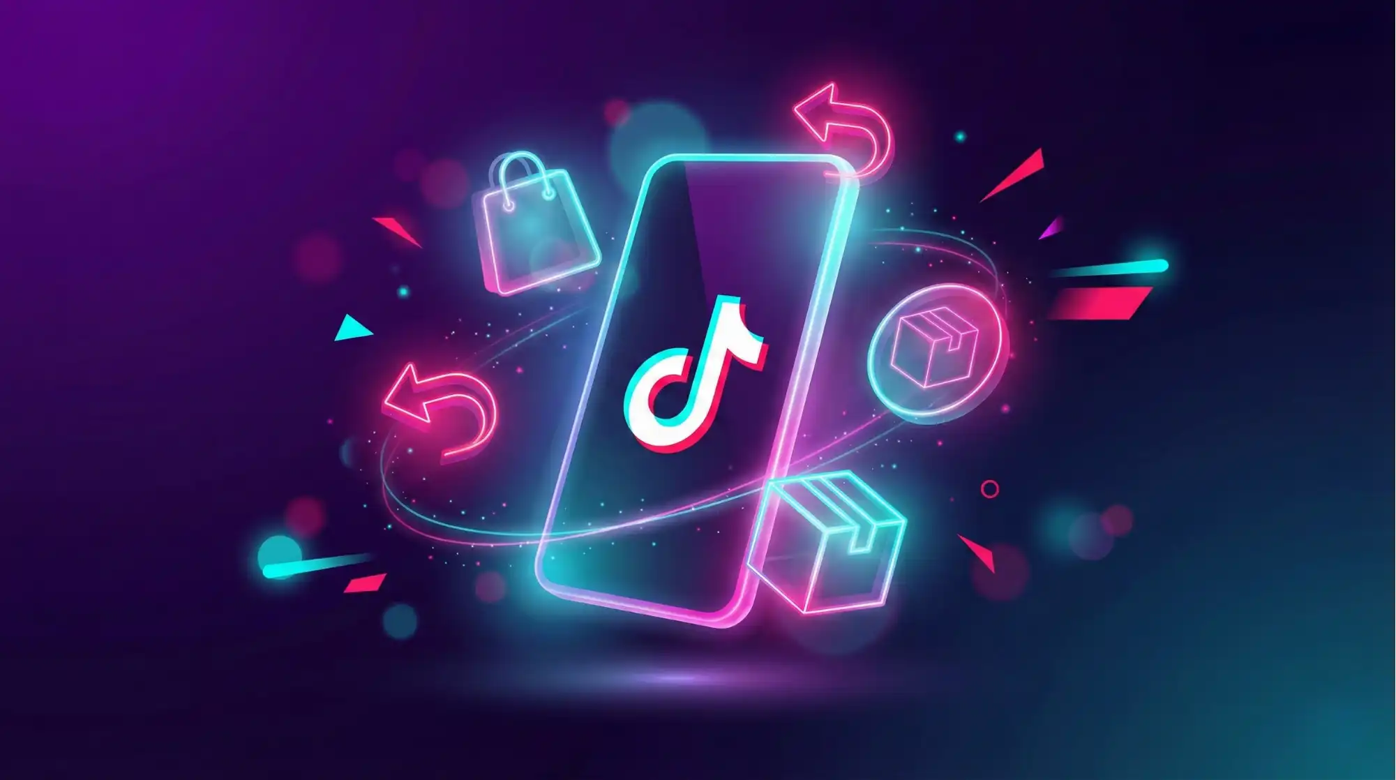 TikTok Shop neon graphic showing smartphone with shopping and return symbols for extended holiday return policy