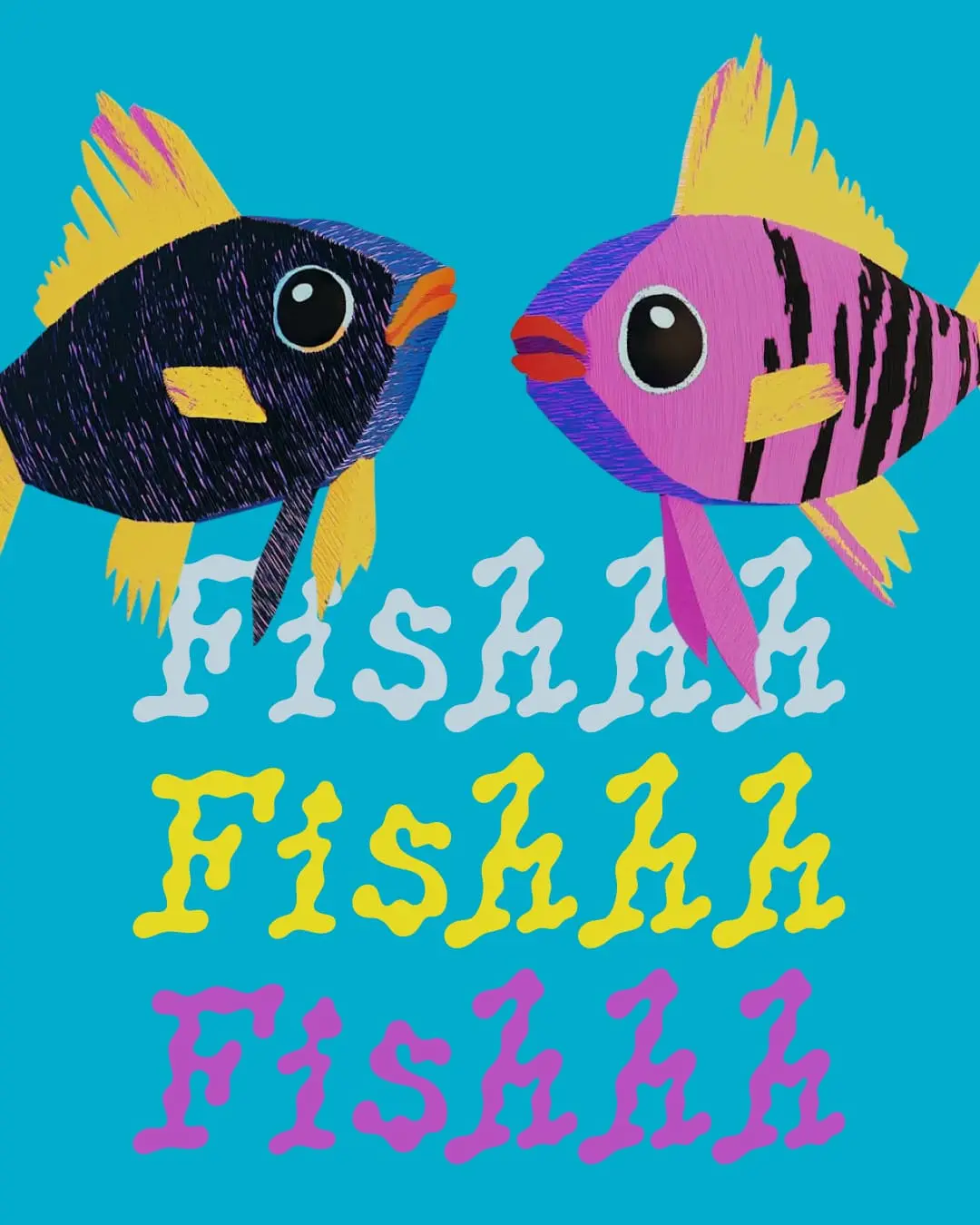 Playful and colorful illustration of two stylized fish on a bright blue background with wavy "Fishhh" typography in multiple colors.