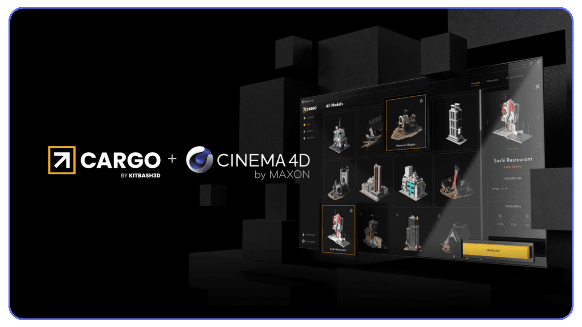 Kitbash3D Cargo asset browser integrated with Cinema 4D showing modular building models