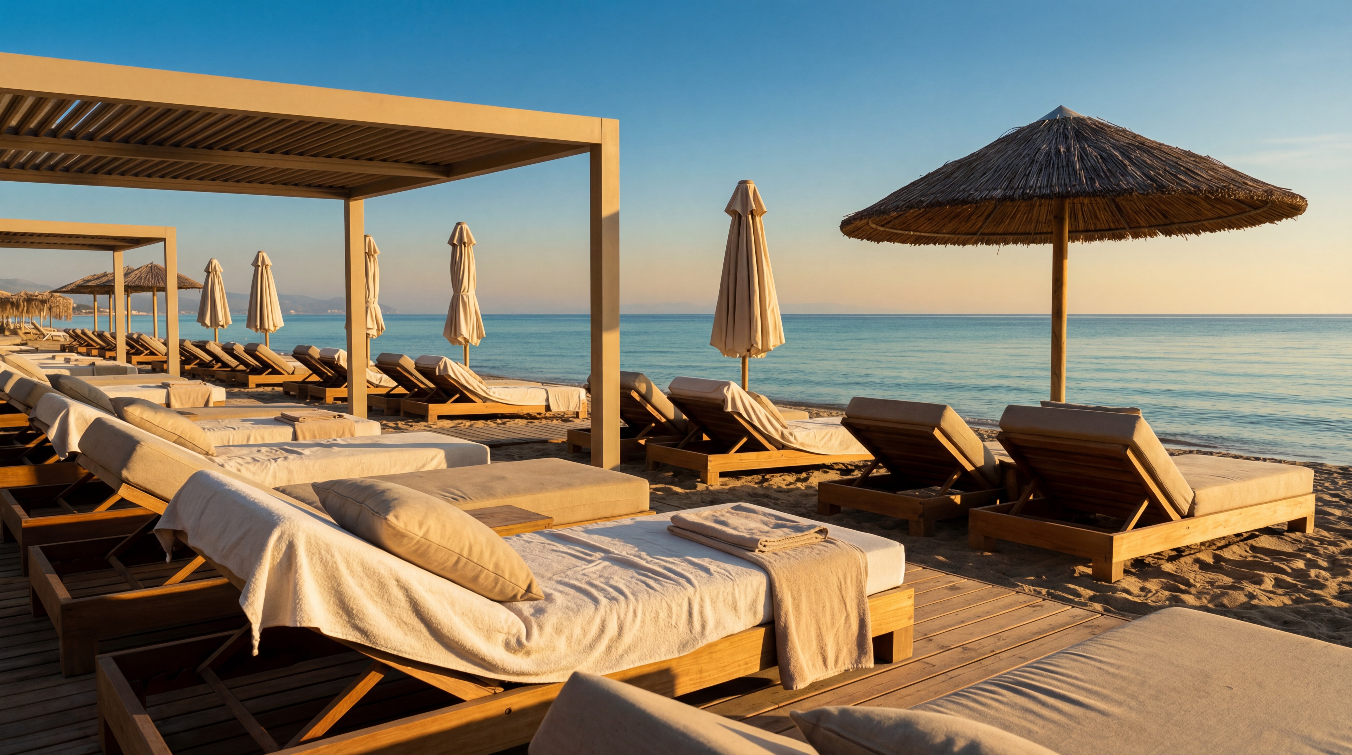 uxury beach club in Bodrum Turkey with sunbeds, umbrellas, and Aegean sea views