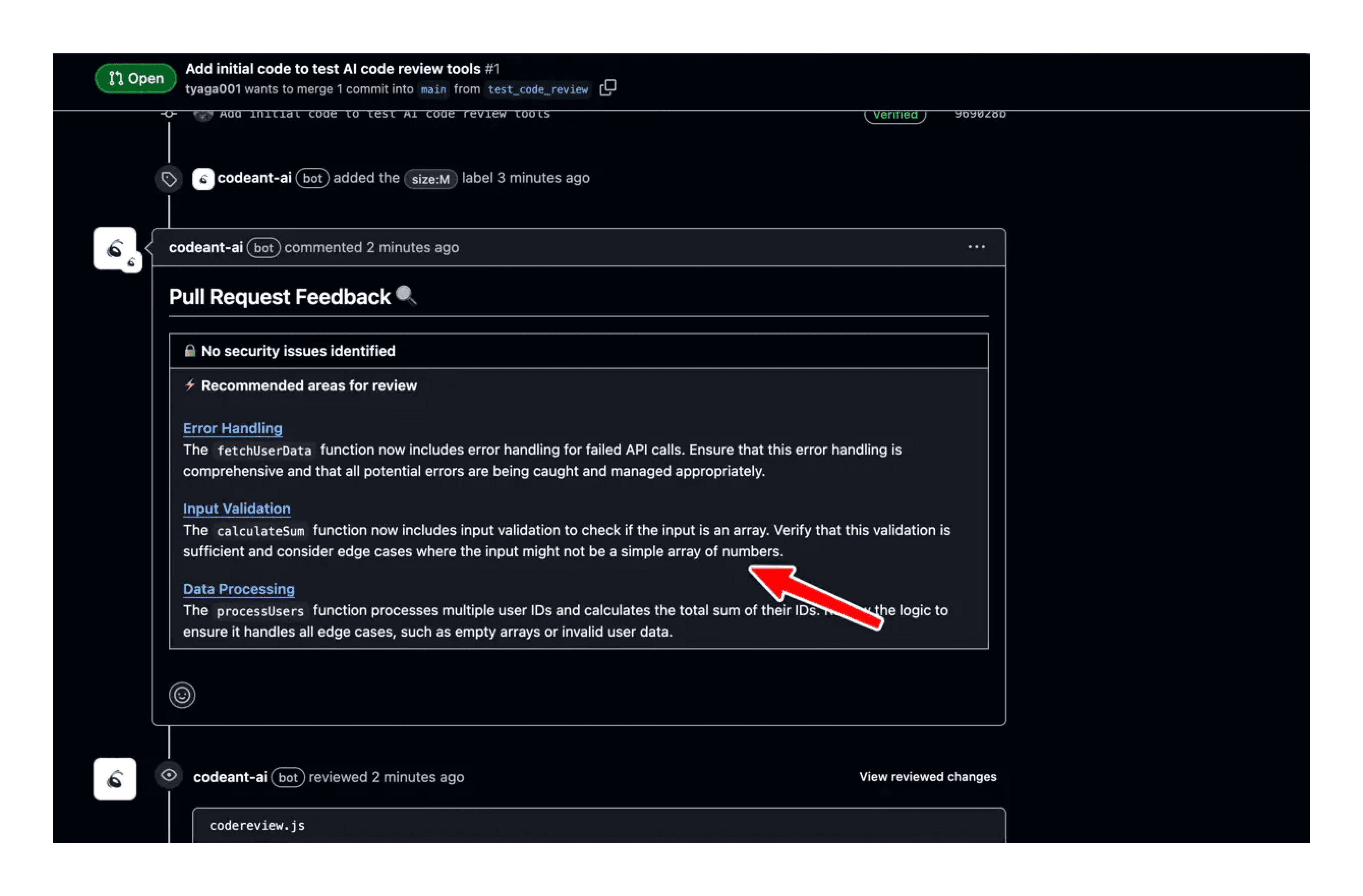 This is an inside view of CodeAnt AI's code review dashboard where you can talk to our AI seamlessly