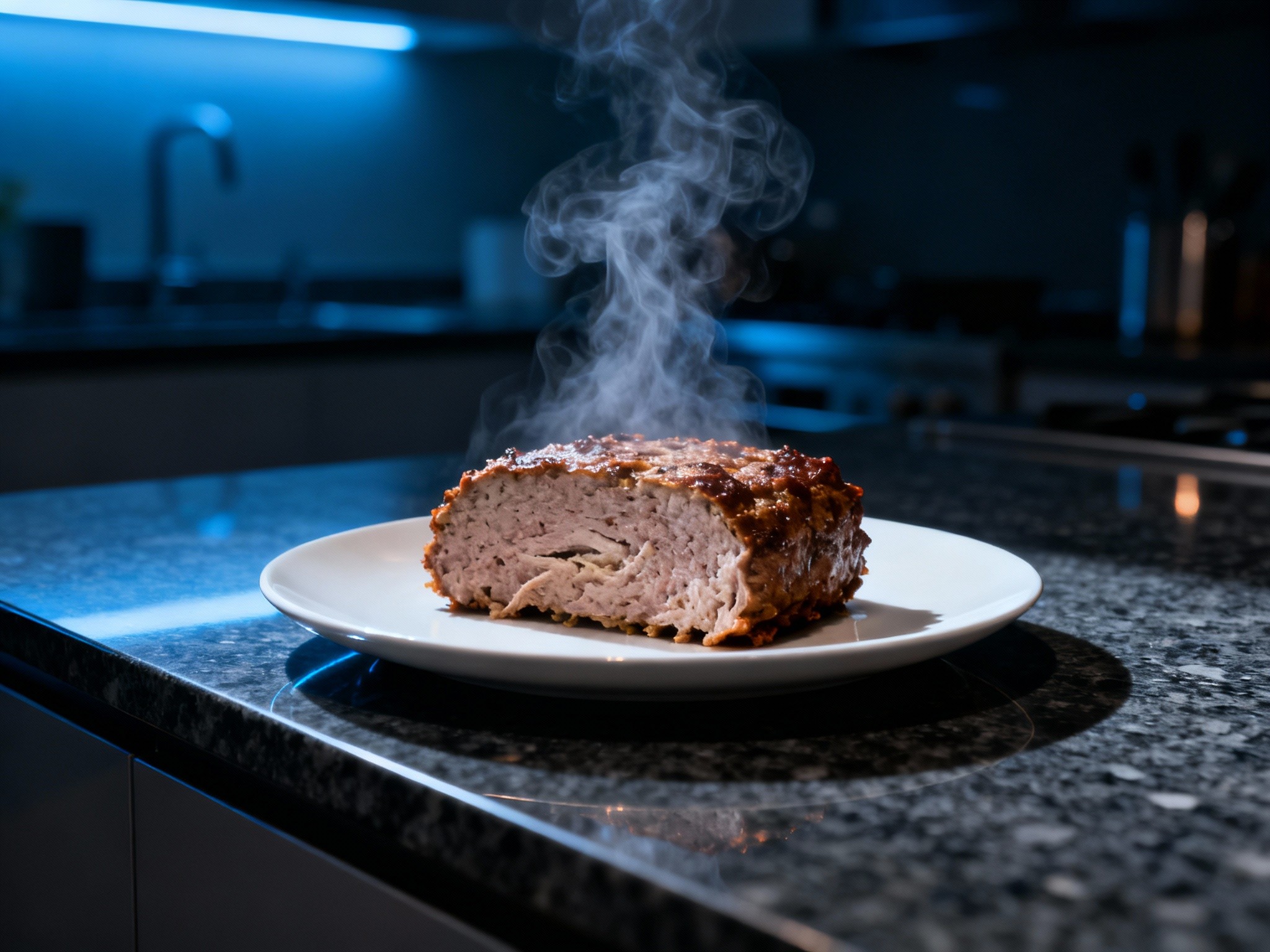 A cinematic nighttime scene in a modern kitchen with sleek dark surfaces and moody, directional