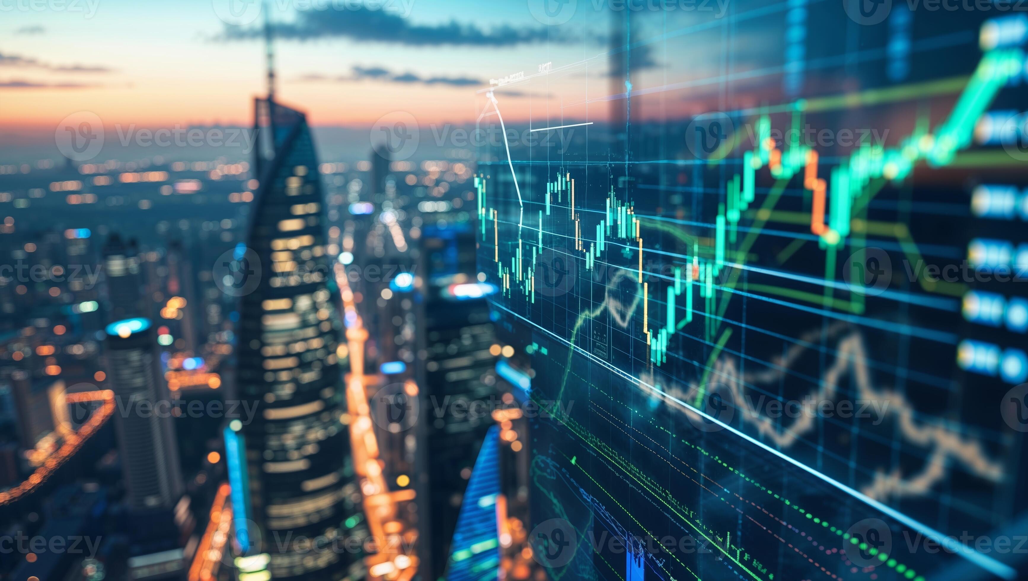 Financial district skyline with investment graphs overlay.