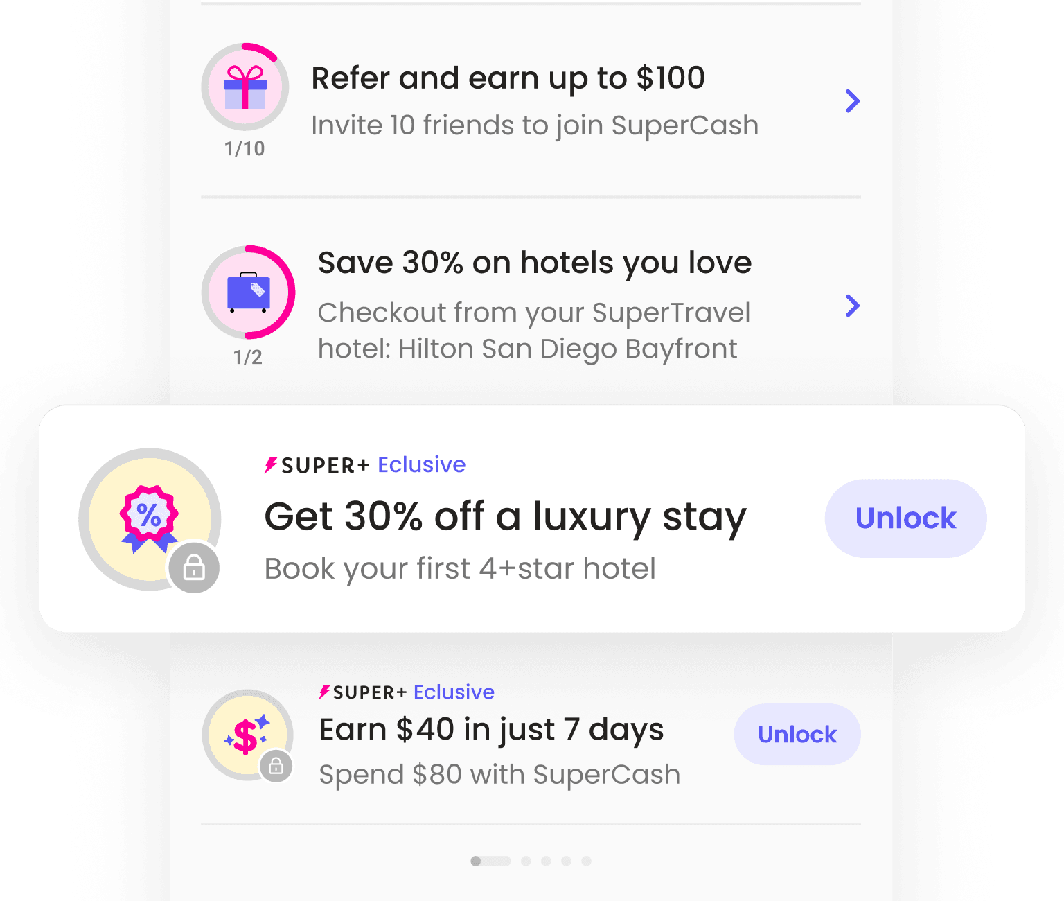 UI mockup of Super.com’s Missions showing exclusive Super+ rewards like 40% off luxury stays and $40 cashback, demonstrating how tiered missions encouraged upsells and deeper engagement.