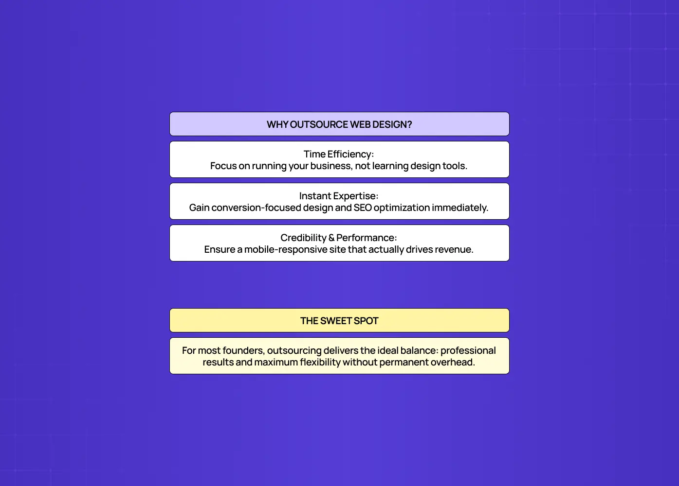 Infographic outlining the benefits of outsourcing web design, including time efficiency, instant expertise, credibility, performance, and a flexible cost-effective approach.