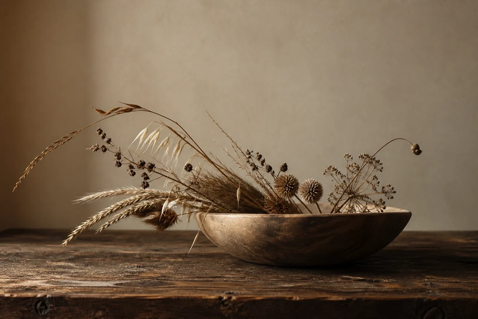 A shallow wooden bowl of dried grasses and seed heads on weathered walnut, warm beige wall